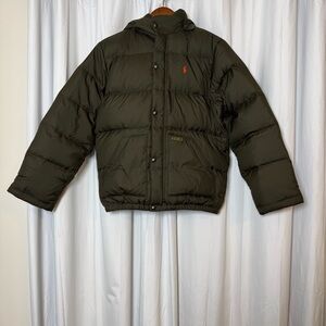 Polo Ralph Lauren Olive Down Puffer Jacket Orange Pony Boys Large 14-16 Heritage